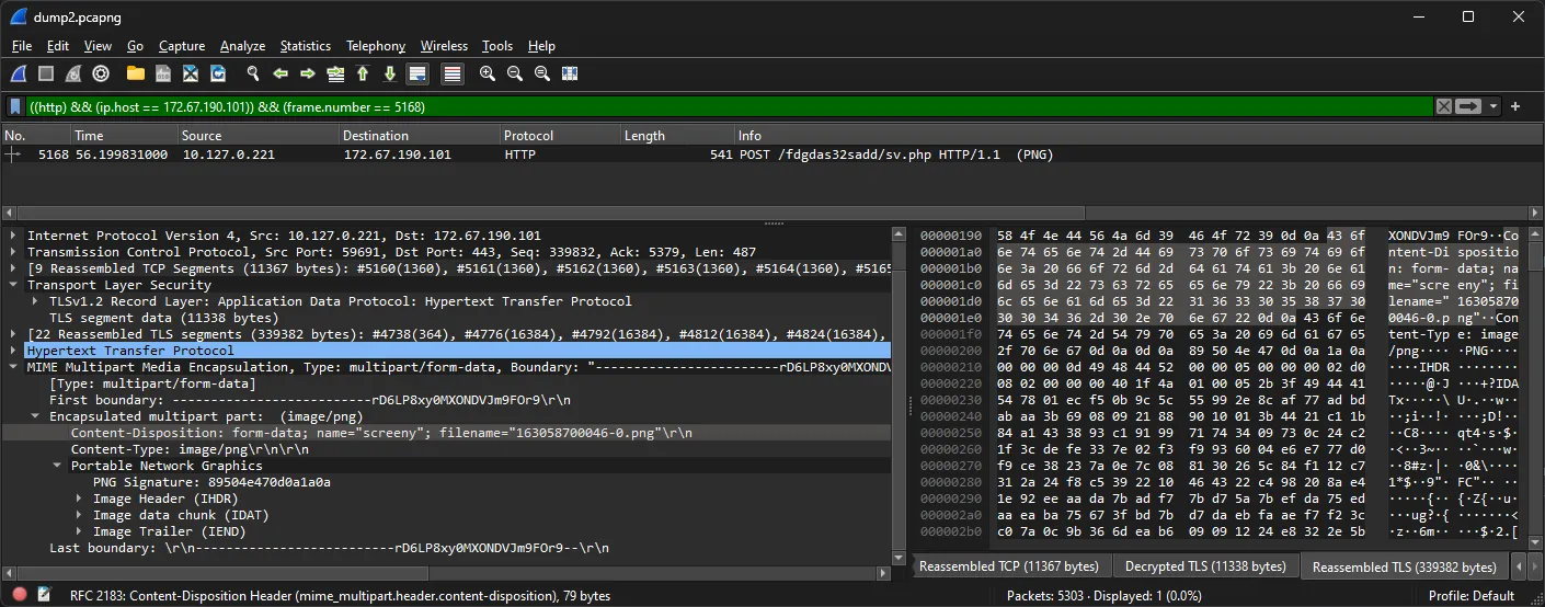 Wireshark traffic of outgoing screenshot